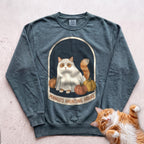 Personalized Bedsheet Ghost Haunting Hours Cat Sweatshirt - Blue Spruce