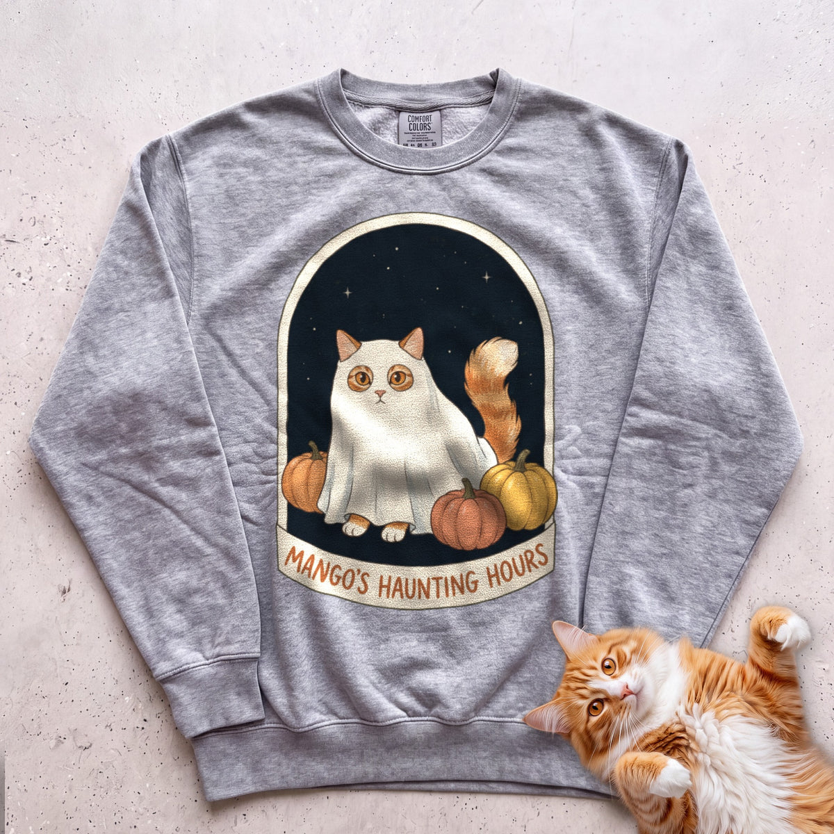 Personalized Bedsheet Ghost Haunting Hours Cat Sweatshirt - Grey