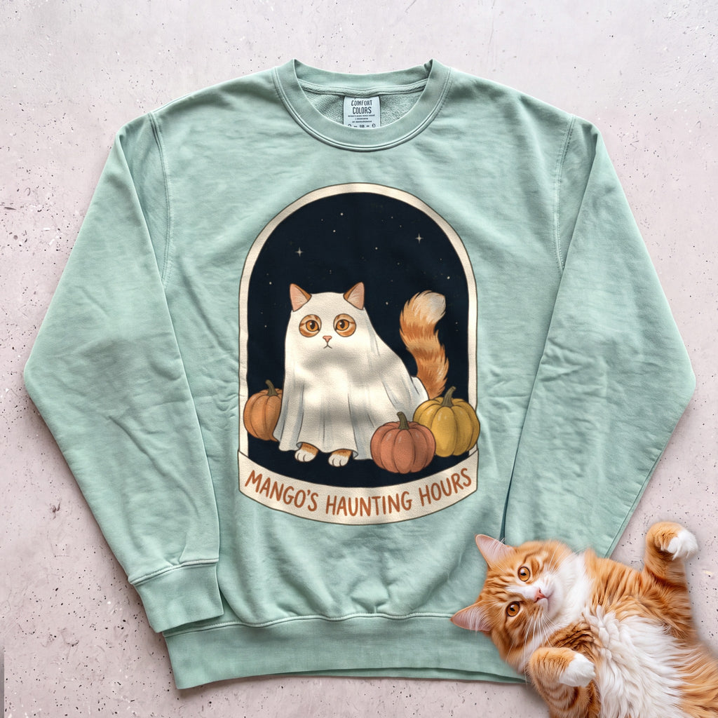 Personalized Bedsheet Ghost Haunting Hours Cat Sweatshirt - Light Green