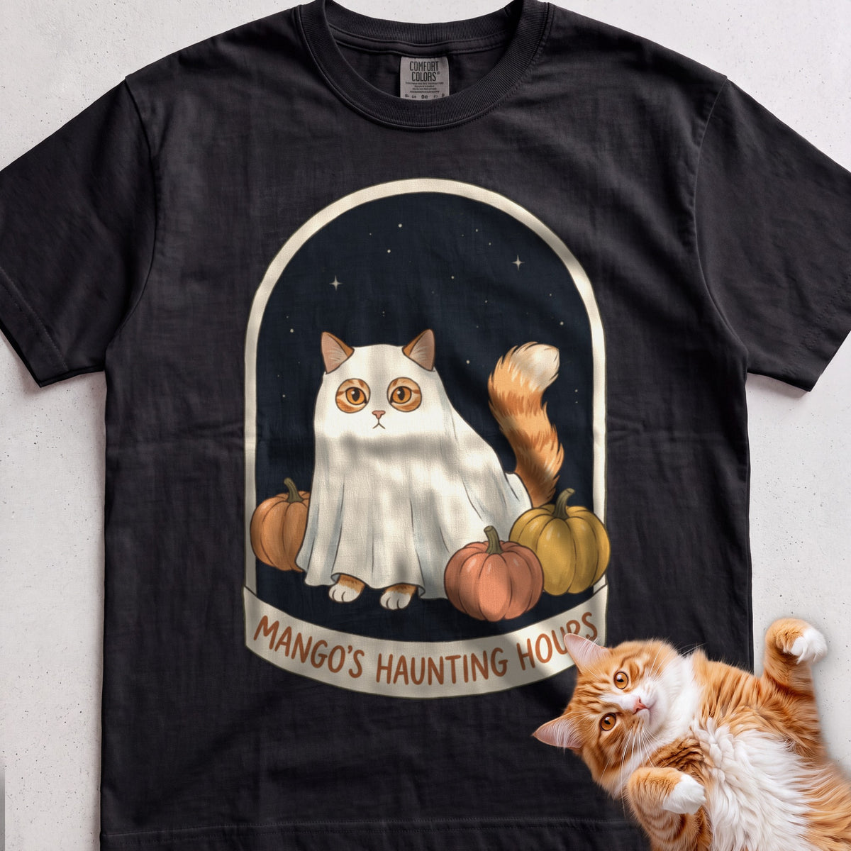 Personalized Bedsheet Ghost Haunting Hours Cat T-Shirt - Black