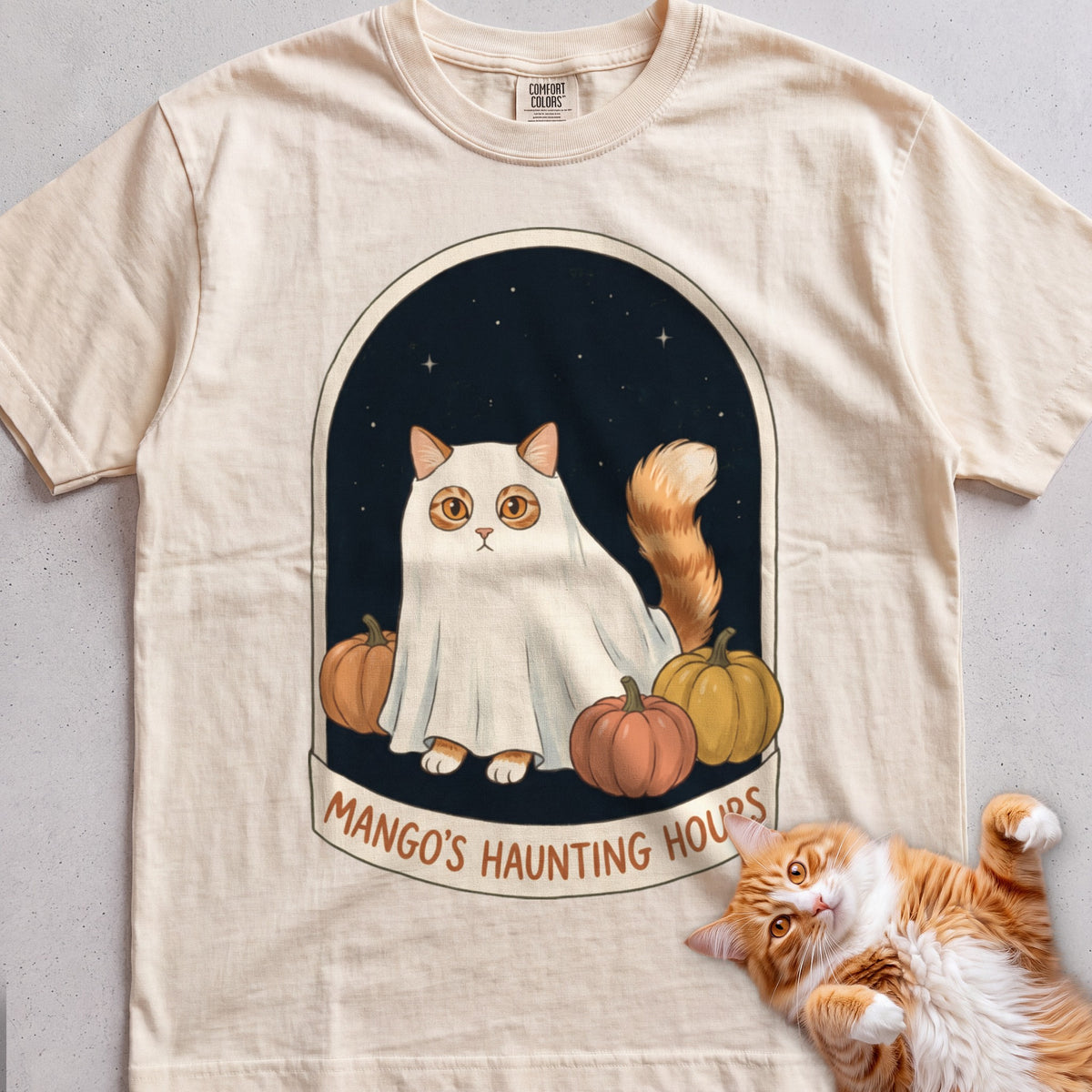 Personalized Bedsheet Ghost Haunting Hours Cat T-Shirt - Ivory