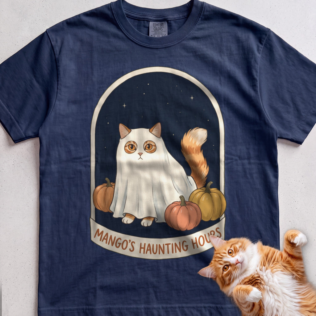 Personalized Bedsheet Ghost Haunting Hours Cat T-Shirt - True Navy