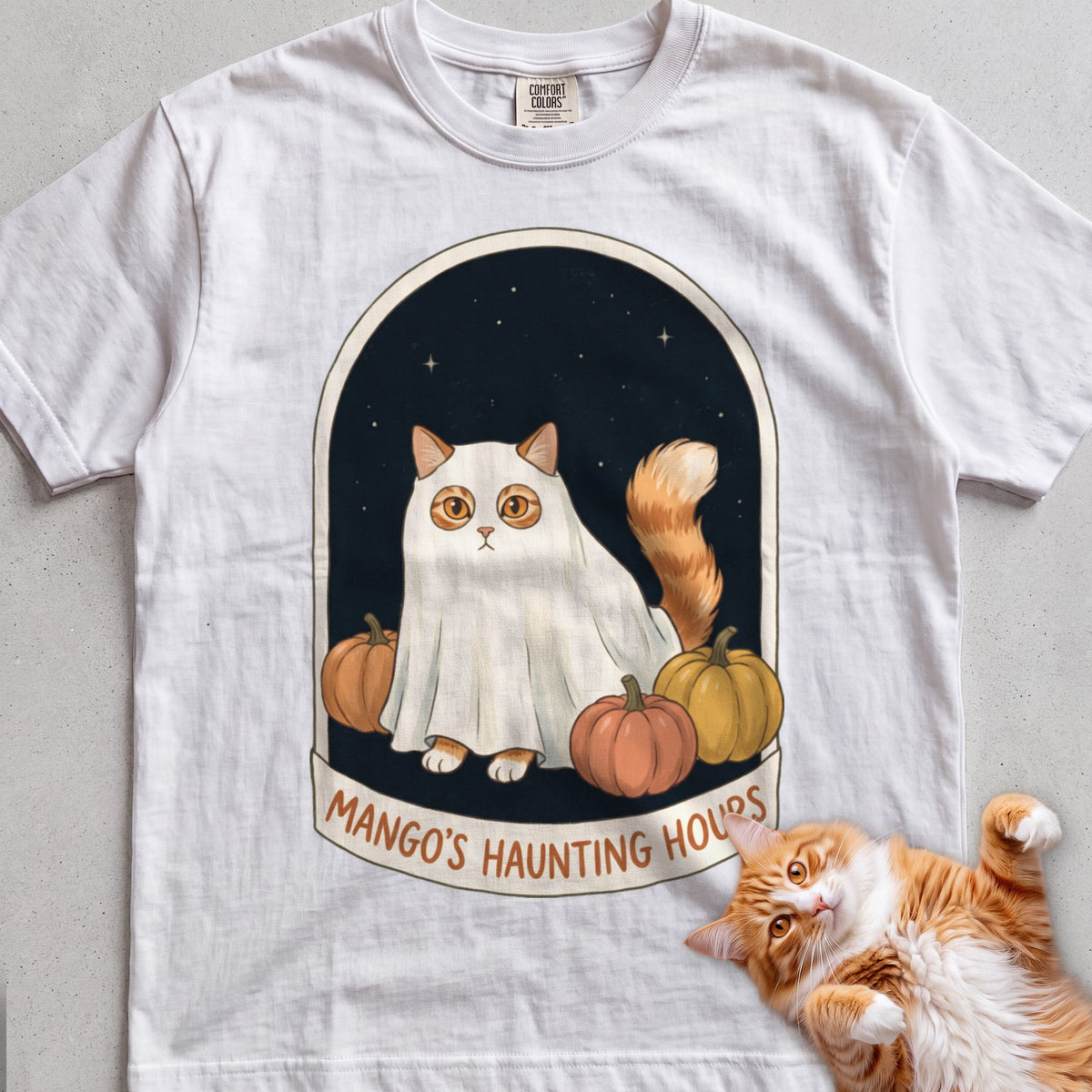 Personalized Bedsheet Ghost Haunting Hours Cat T-Shirt - White