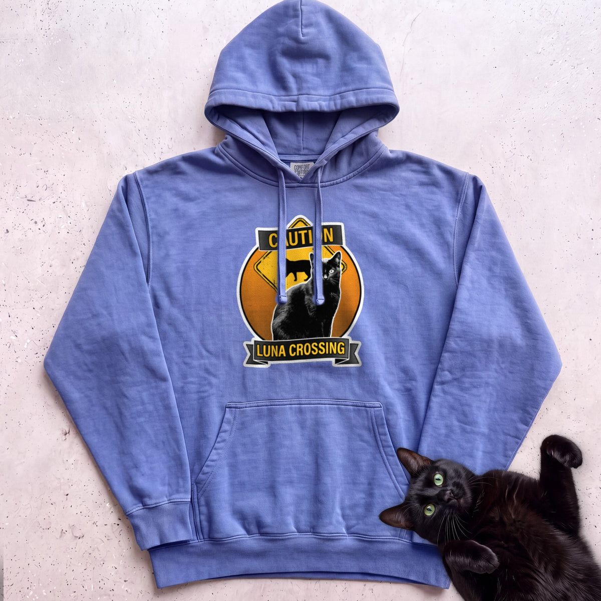 Personalized Black Cat Crossing Hoodie - Flo Blue