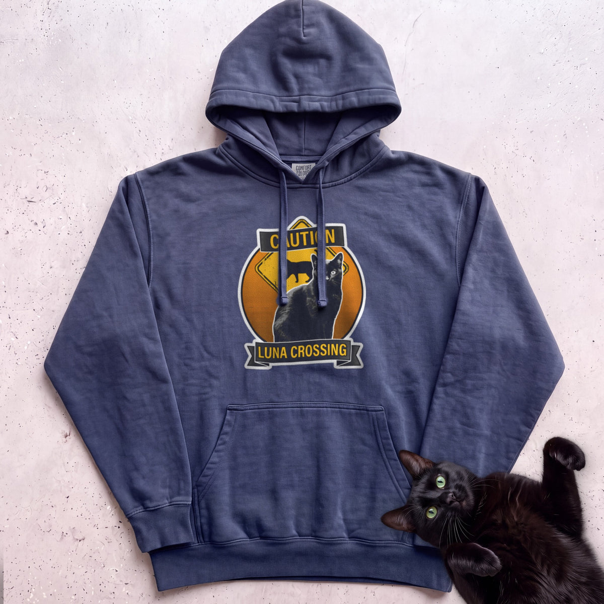 Personalized Black Cat Crossing Hoodie - True Navy