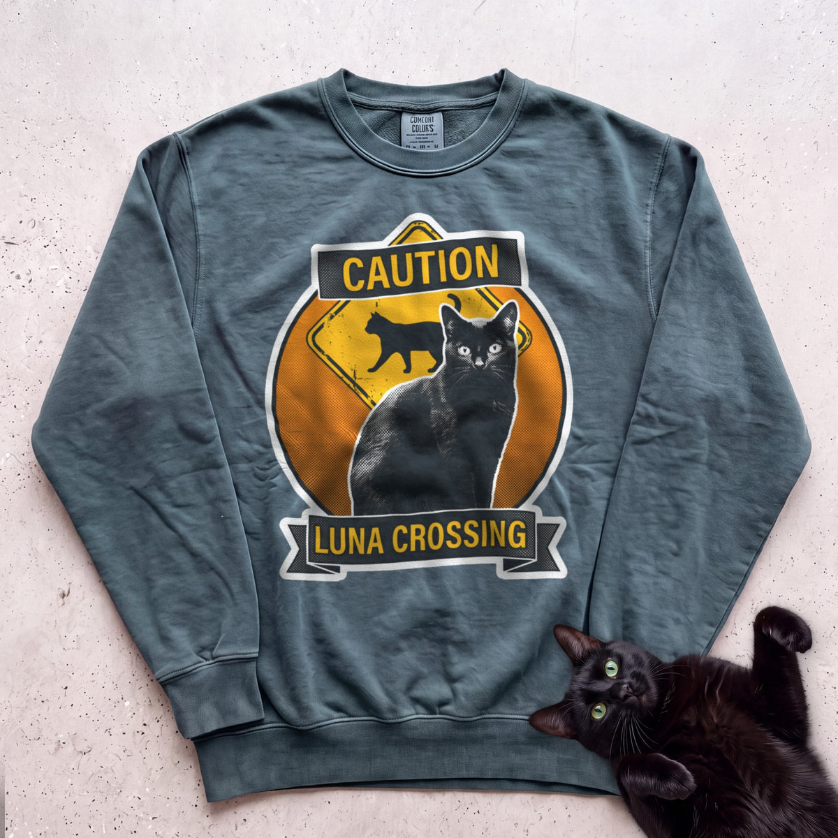 Personalized Black Cat Crossing Sweatshirt - Blue Spruce