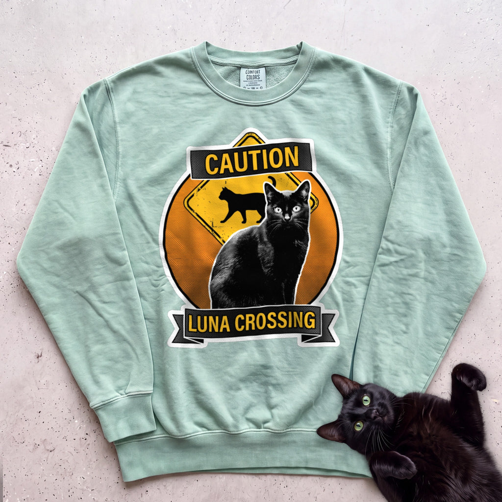 Personalized Black Cat Crossing Sweatshirt - Light Green