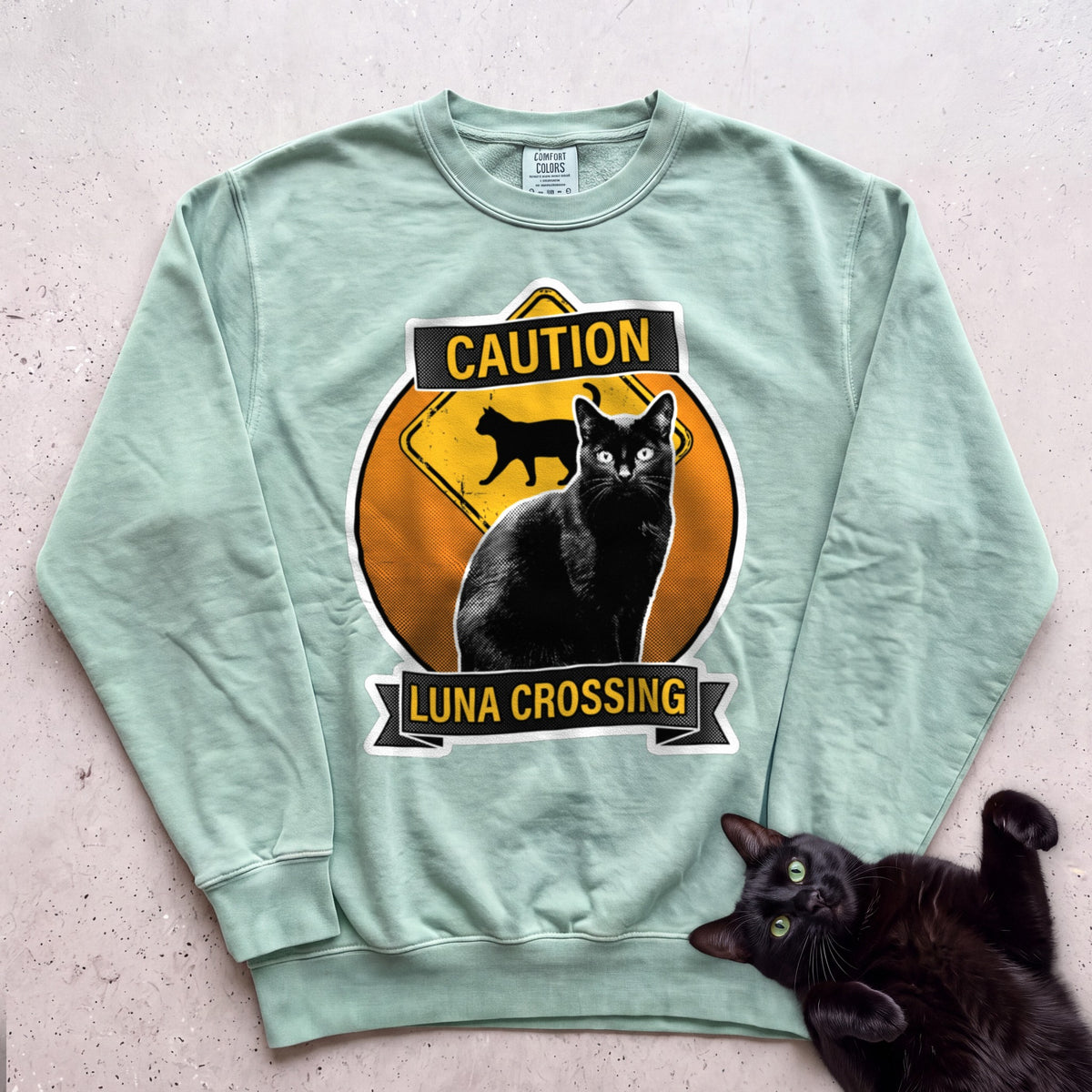 Personalized Black Cat Crossing Sweatshirt - Light Green