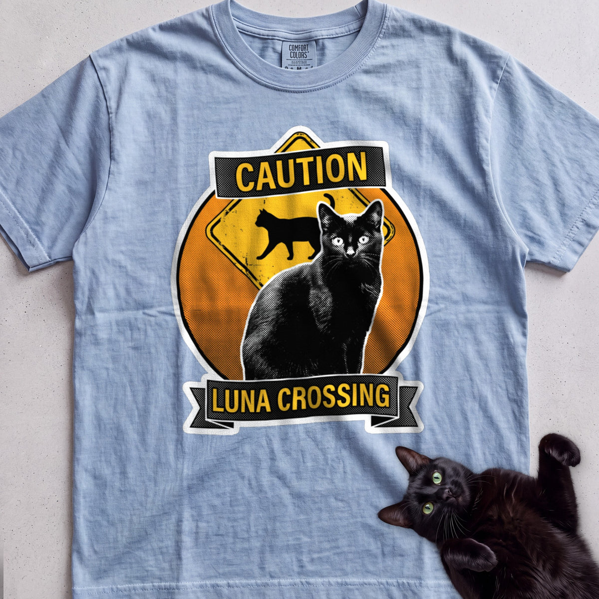 Personalized Black Cat Crossing T-Shirt - Chambray