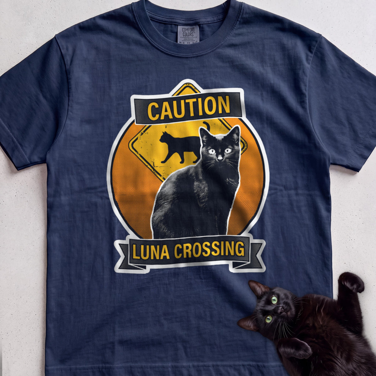 Personalized Black Cat Crossing T-Shirt - True Navy