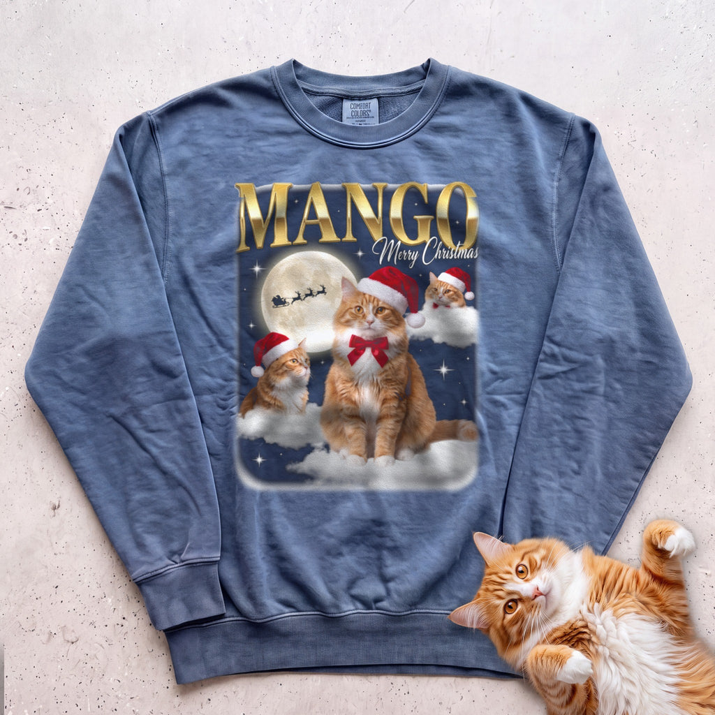 Personalized Bootleg Christmas Cat Sweatshirt - Blue Jean