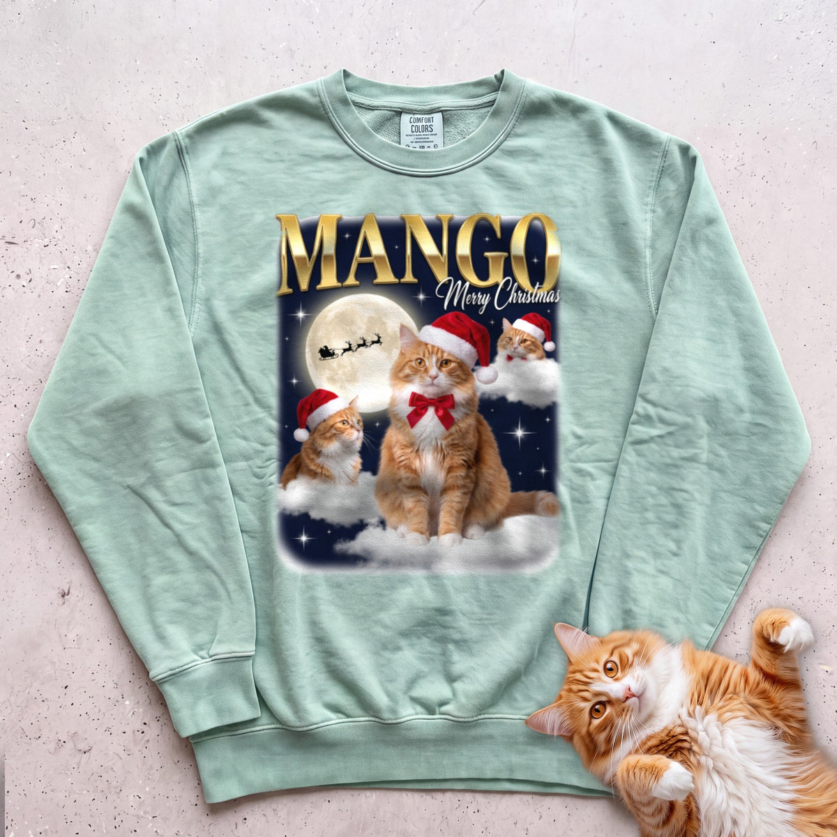 Personalized Bootleg Christmas Cat Sweatshirt - Light Green