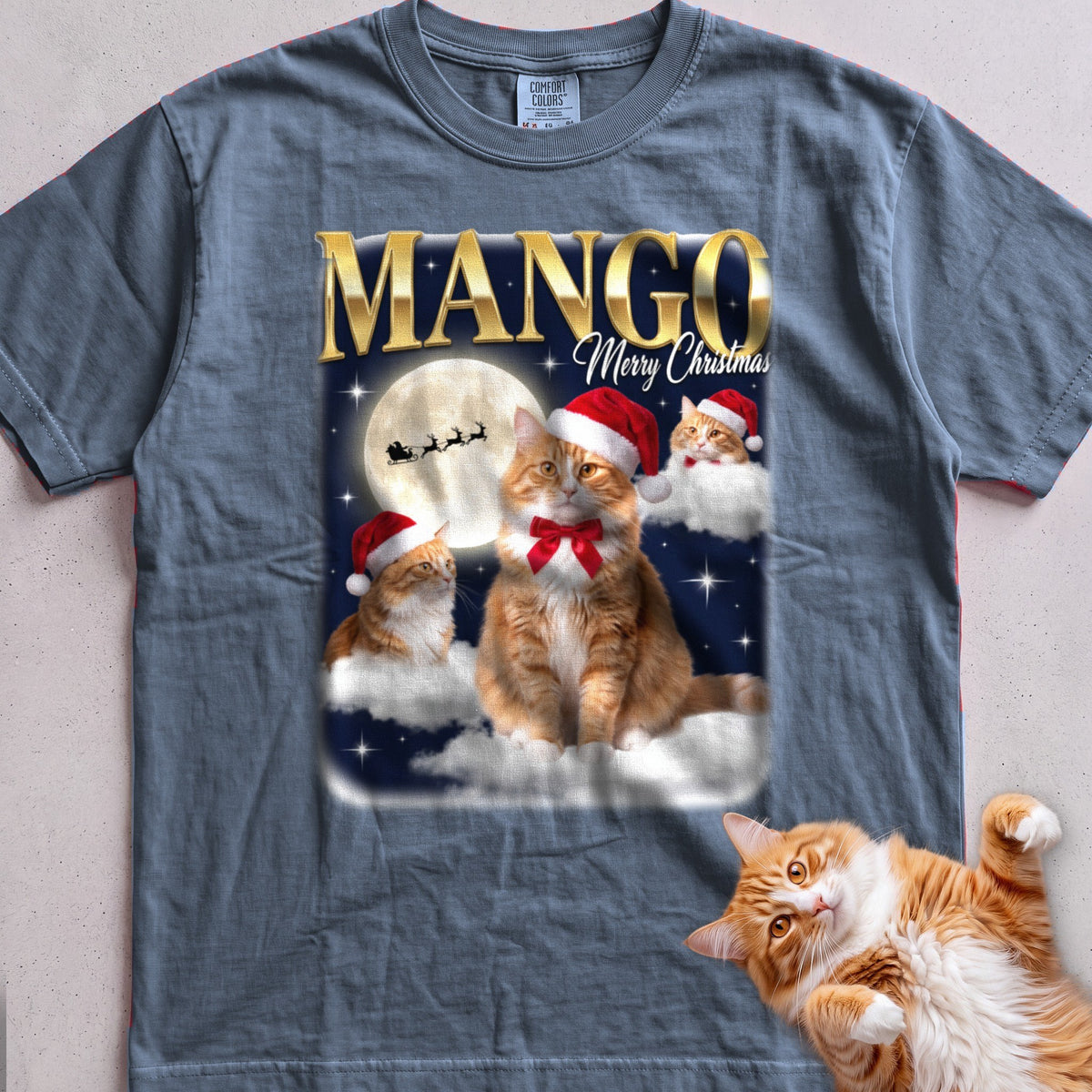 Personalized Bootleg Christmas Cat T-Shirt - Blue Jean