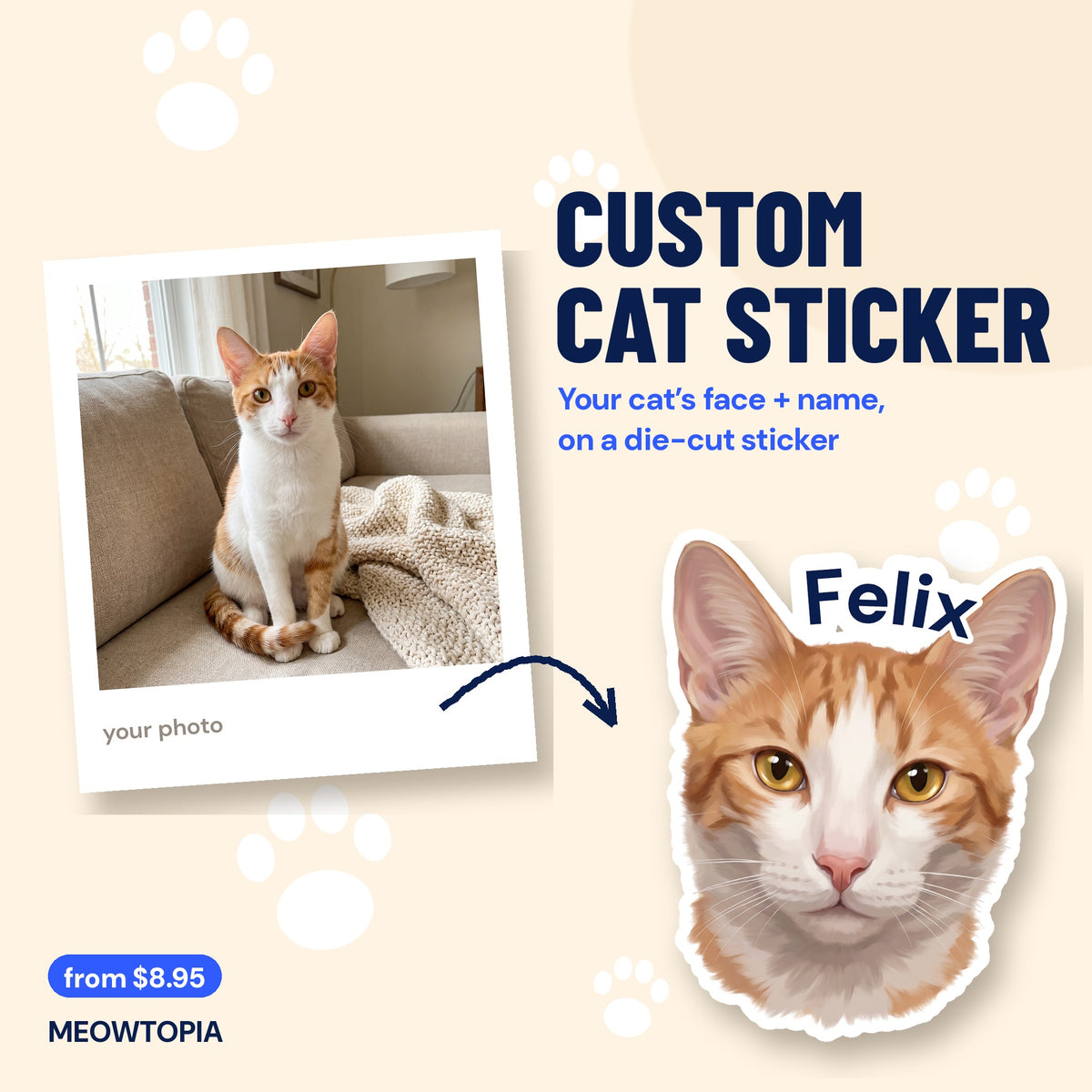 Custom cat sticker: your cat photo turned into a face sticker with the name Felix