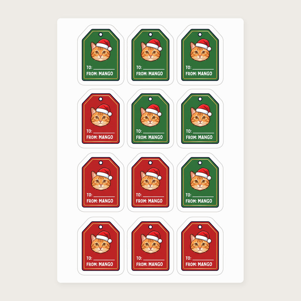 Personalized Cat Gift Tag Stickers, actual sheet layout (sample cat Mango)