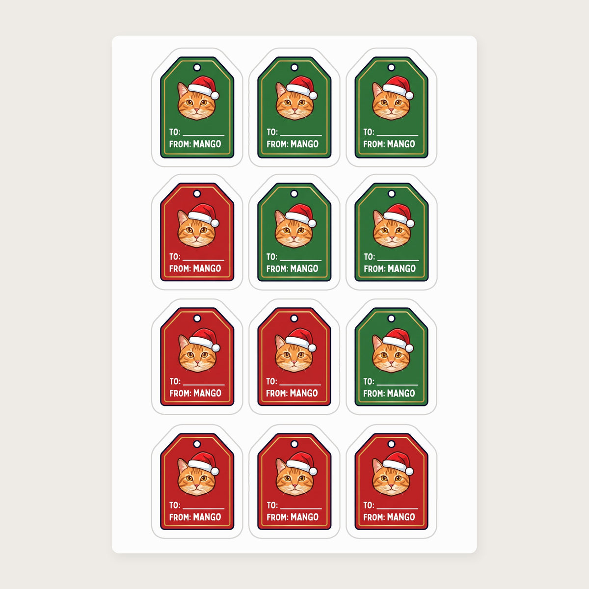 Personalized Cat Gift Tag Stickers, actual sheet layout (sample cat Mango)
