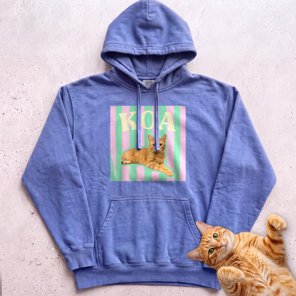 Personalized Cat Graphic Hoodie — Retro Pink & Green Stripes - Flo Blue