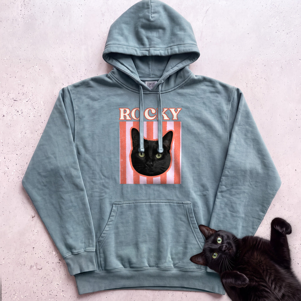 Personalized Cat Graphic Hoodie — Retro Pink Stripe Black Cat Hoodie - Seafoam