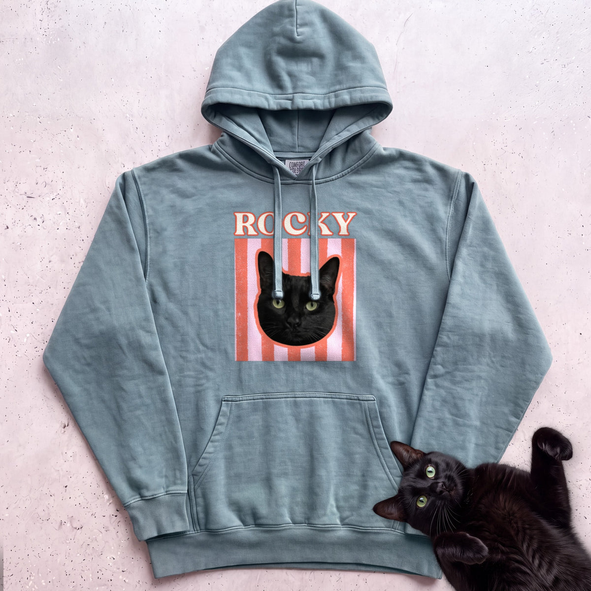 Personalized Cat Graphic Hoodie — Retro Pink Stripe Black Cat Hoodie - Seafoam