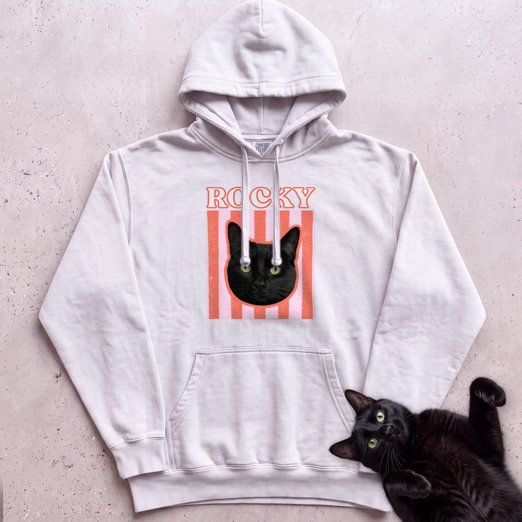 Personalized Cat Graphic Hoodie — Retro Pink Stripe Black Cat Hoodie - White