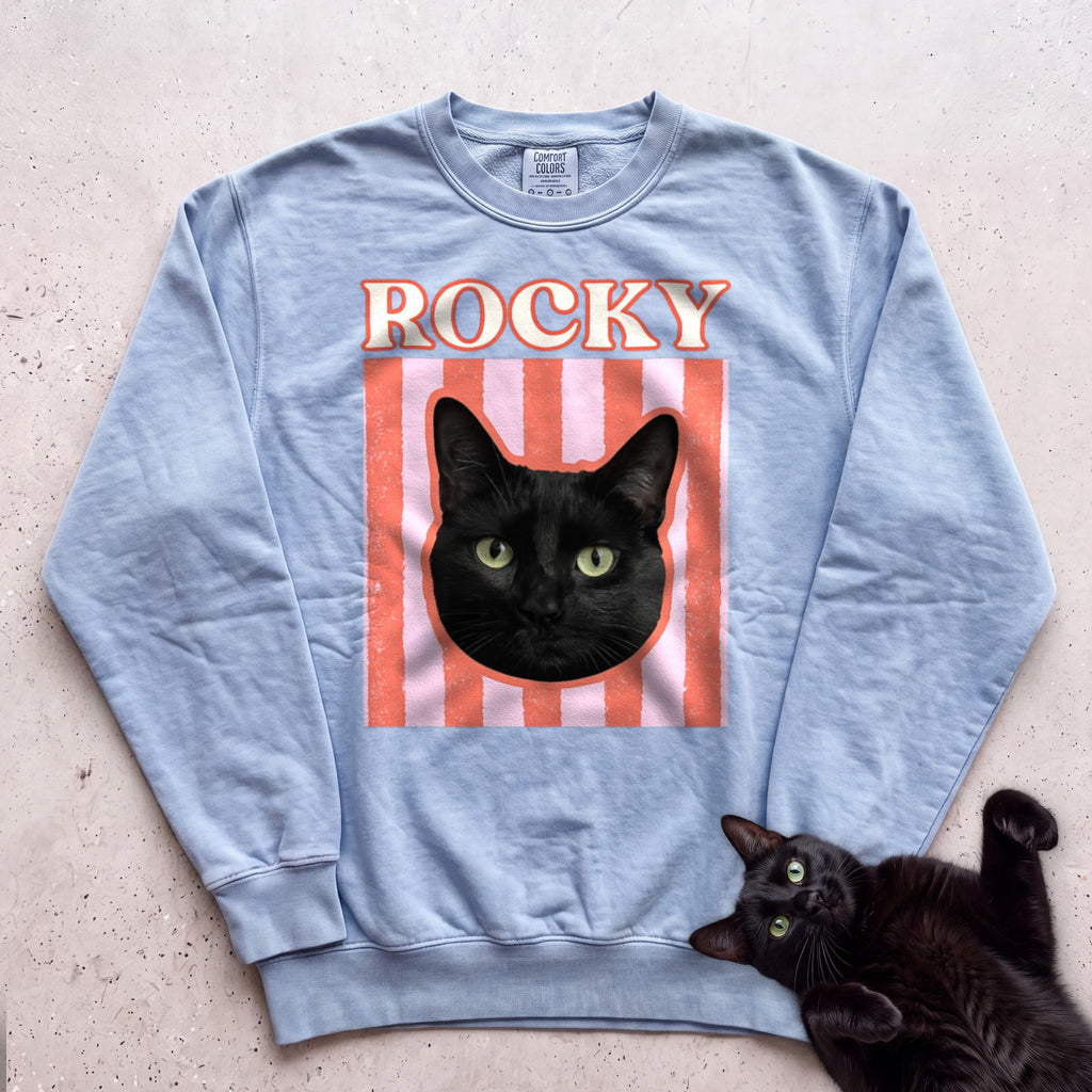 Personalized Cat Graphic Sweatshirt — Retro Pink Stripe Black Cat Sweatshirt - Chambray
