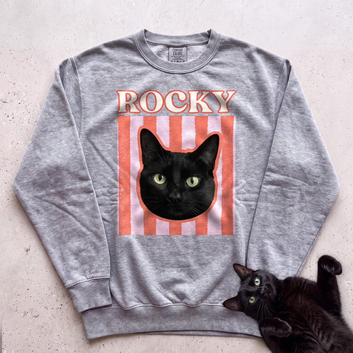 Personalized Cat Graphic Sweatshirt — Retro Pink Stripe Black Cat Sweatshirt - Grey