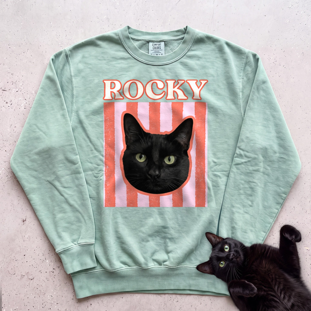 Personalized Cat Graphic Sweatshirt — Retro Pink Stripe Black Cat Sweatshirt - Light Green