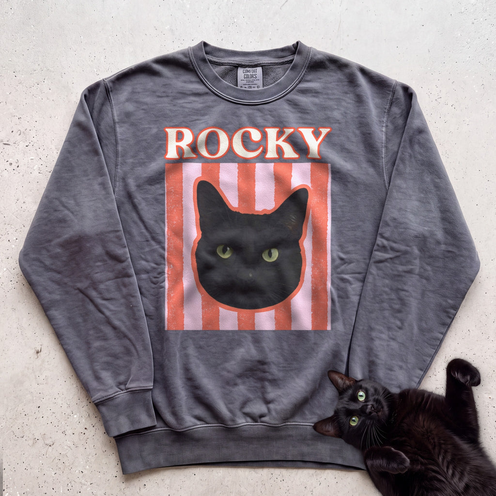 Personalized Cat Graphic Sweatshirt — Retro Pink Stripe Black Cat Sweatshirt - Pepper