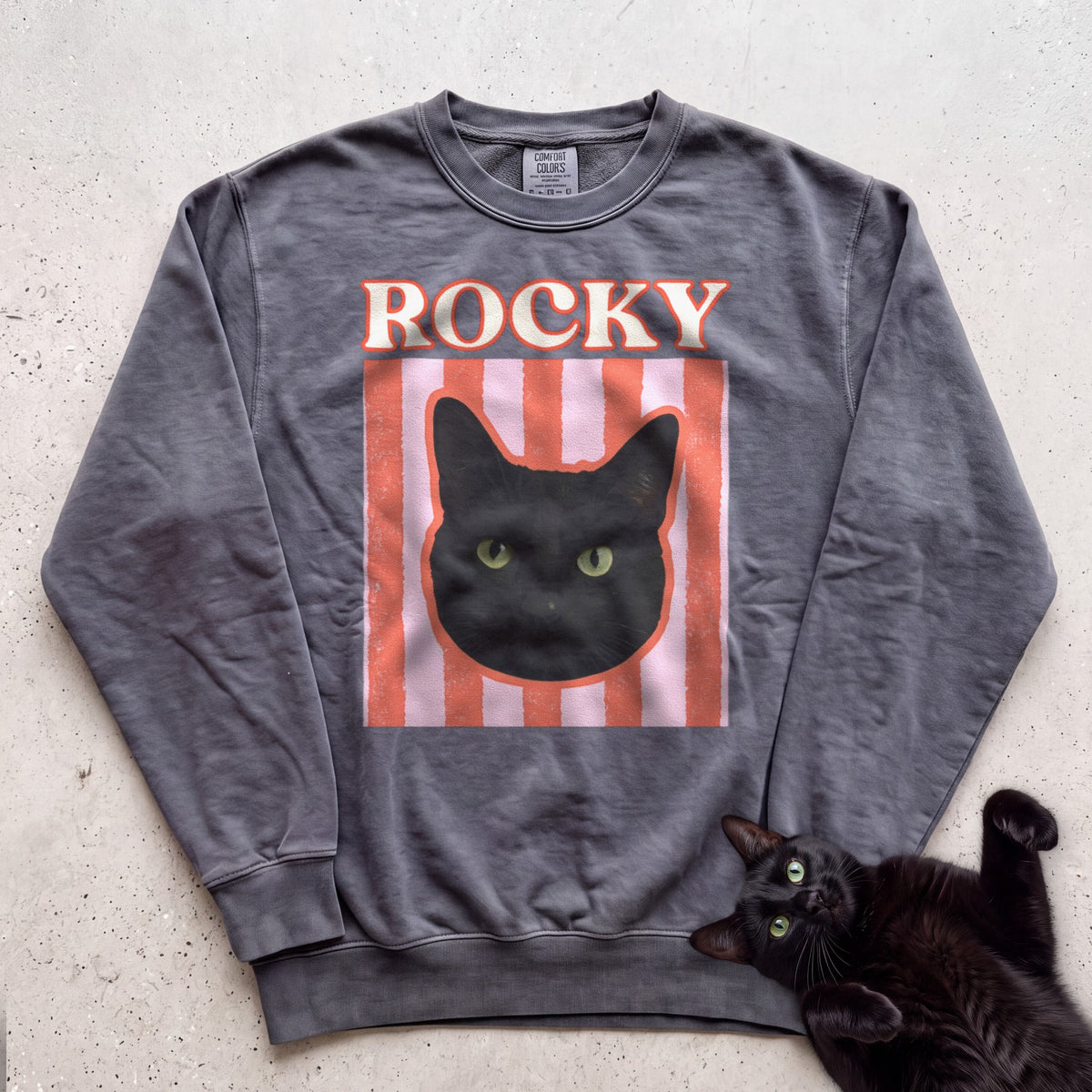 Personalized Cat Graphic Sweatshirt — Retro Pink Stripe Black Cat Sweatshirt - Pepper