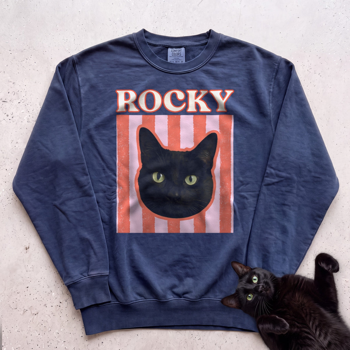 Personalized Cat Graphic Sweatshirt — Retro Pink Stripe Black Cat Sweatshirt - True Navy