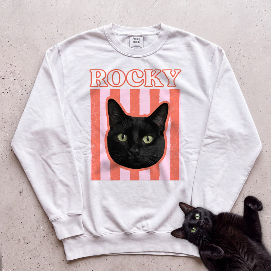 Personalized Cat Graphic Sweatshirt — Retro Pink Stripe Black Cat Sweatshirt - White