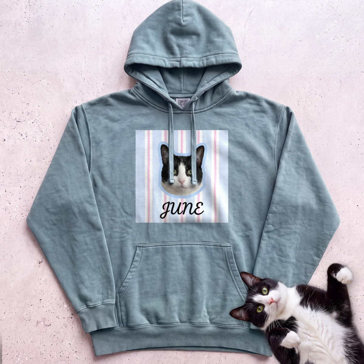 Personalized Cat Hoodie — Custom Pet Portrait Name, Cute Black & White Cat Design - Seafoam