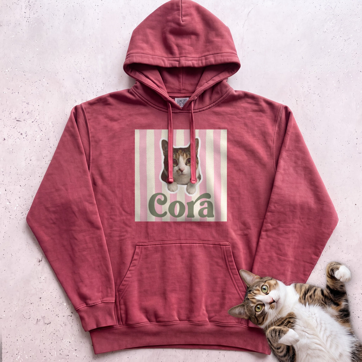 Personalized Cat Hoodie – Cute Cat Portrait on Pink Stripe Hoodie - Crimson