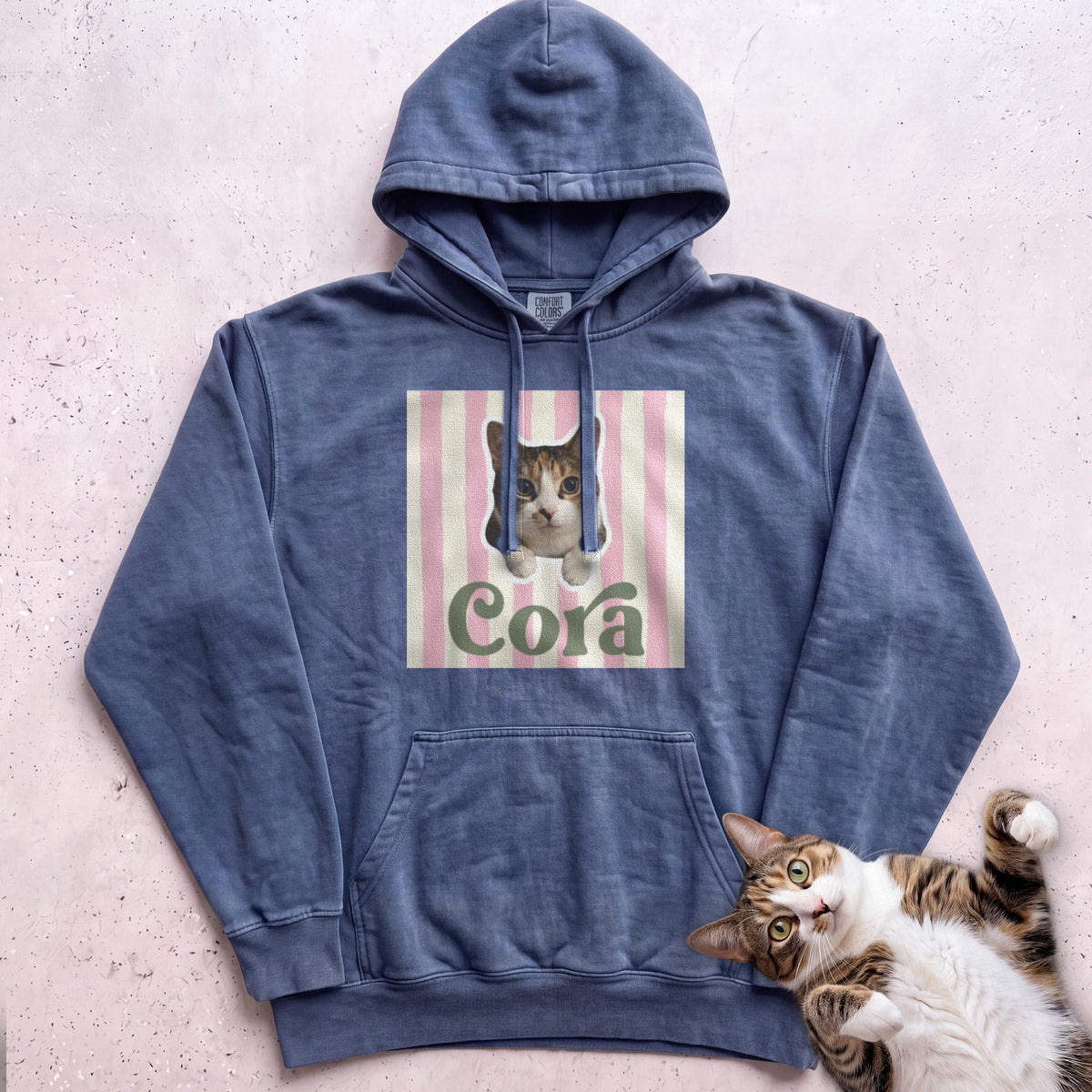 Personalized Cat Hoodie – Cute Cat Portrait on Pink Stripe Hoodie - Denim