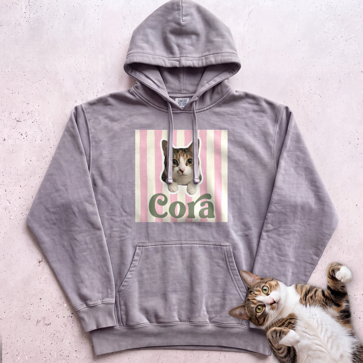 Personalized Cat Hoodie – Cute Cat Portrait on Pink Stripe Hoodie - Grey