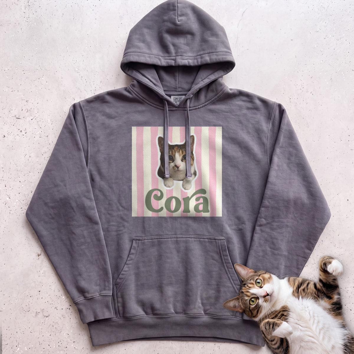 Personalized Cat Hoodie – Cute Cat Portrait on Pink Stripe Hoodie - Pepper