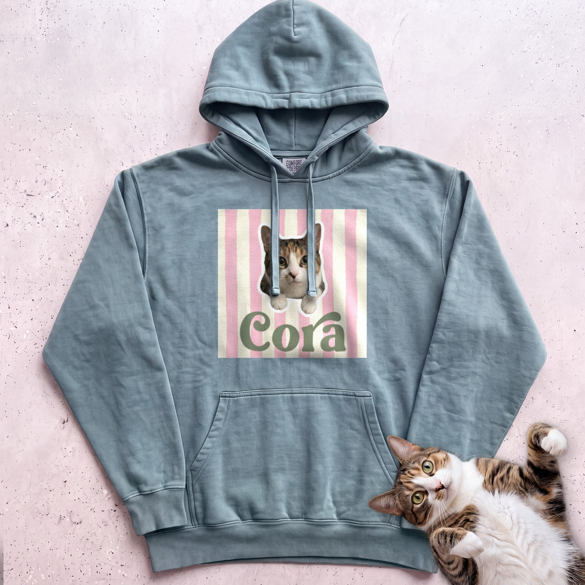 Personalized Cat Hoodie – Cute Cat Portrait on Pink Stripe Hoodie - Seafoam