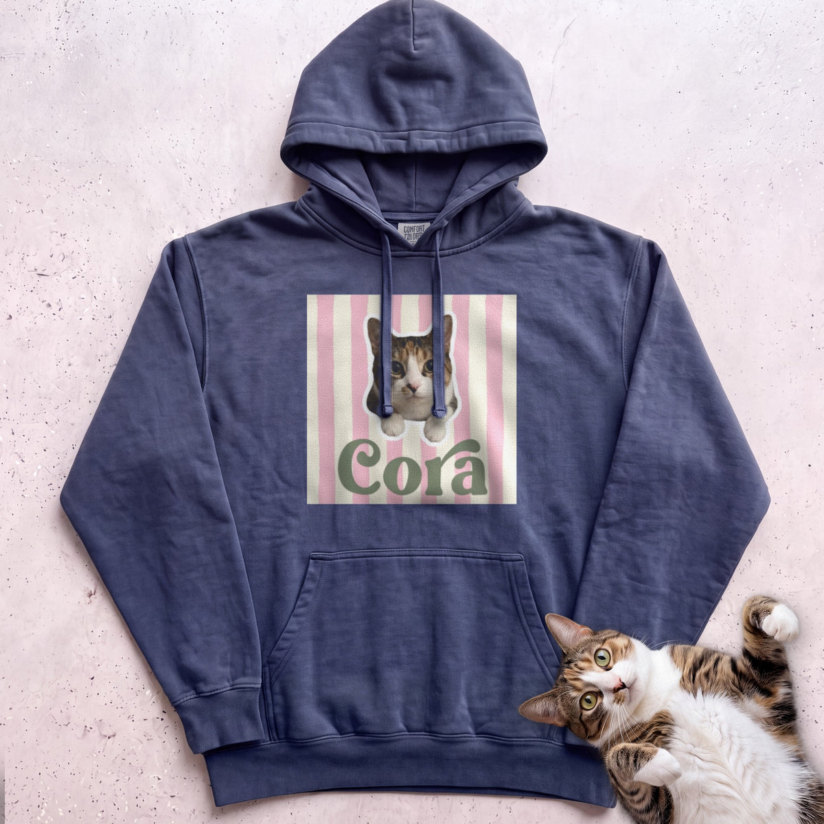 Personalized Cat Hoodie – Cute Cat Portrait on Pink Stripe Hoodie - True Navy