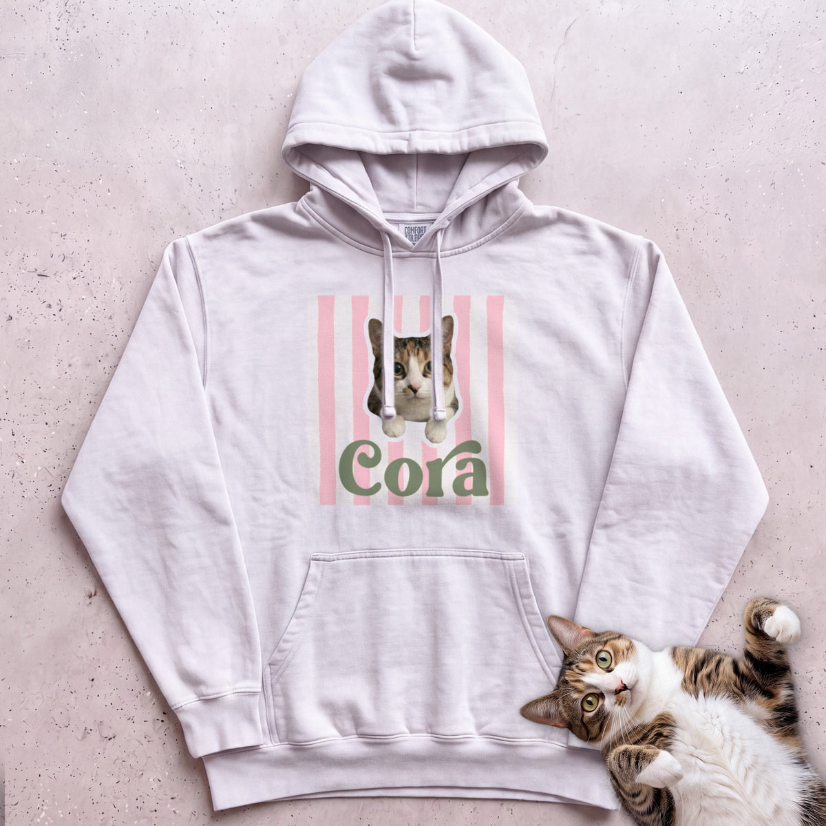Personalized Cat Hoodie – Cute Cat Portrait on Pink Stripe Hoodie - White