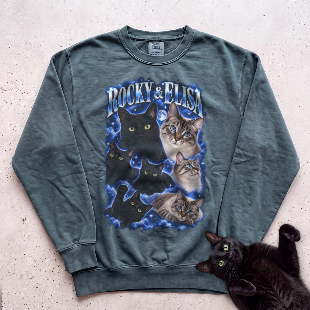 Personalized Cat Portrait Sweatshirt — Custom Pet Names Sweatshirt - Blue Spruce
