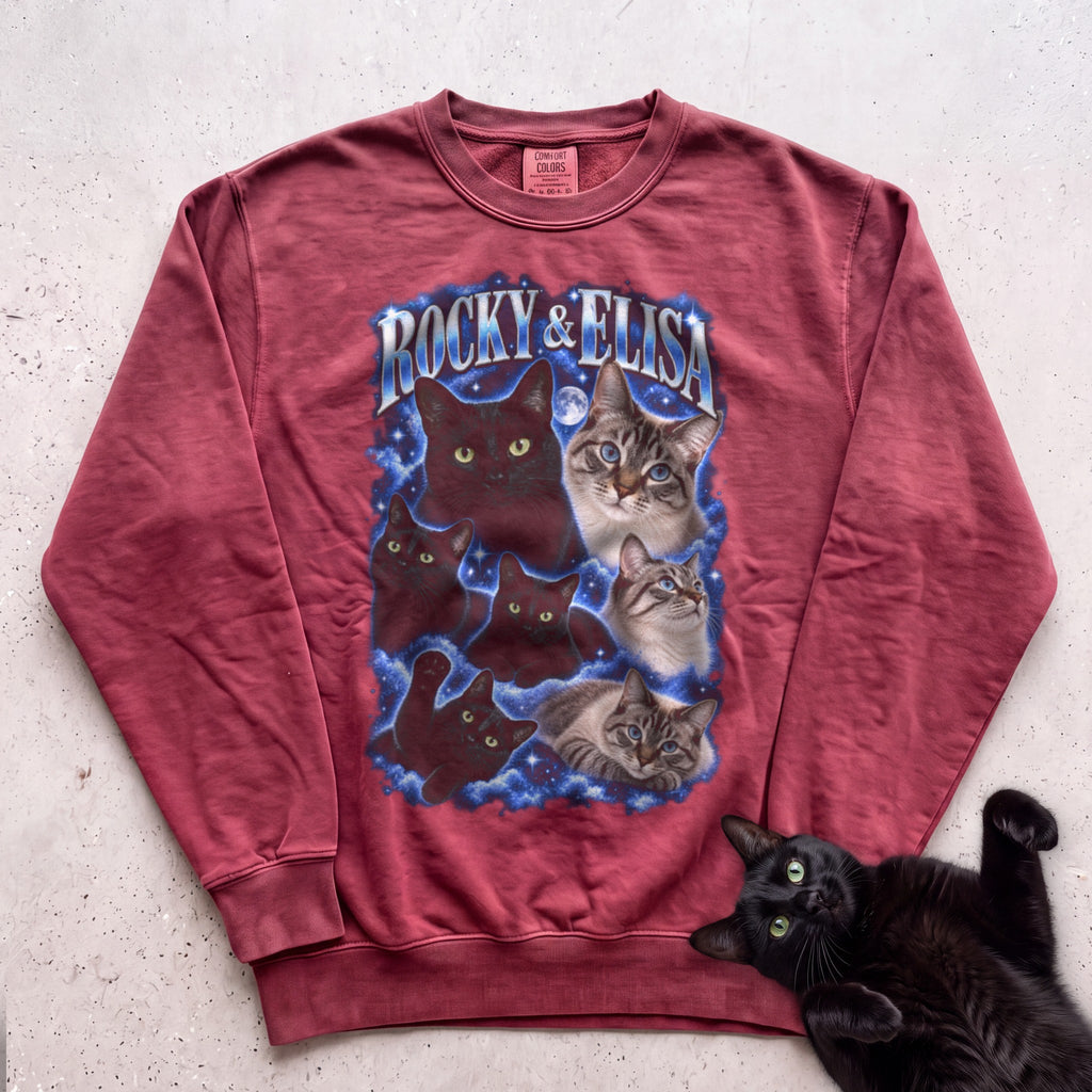 Personalized Cat Portrait Sweatshirt — Custom Pet Names Sweatshirt - Crimson