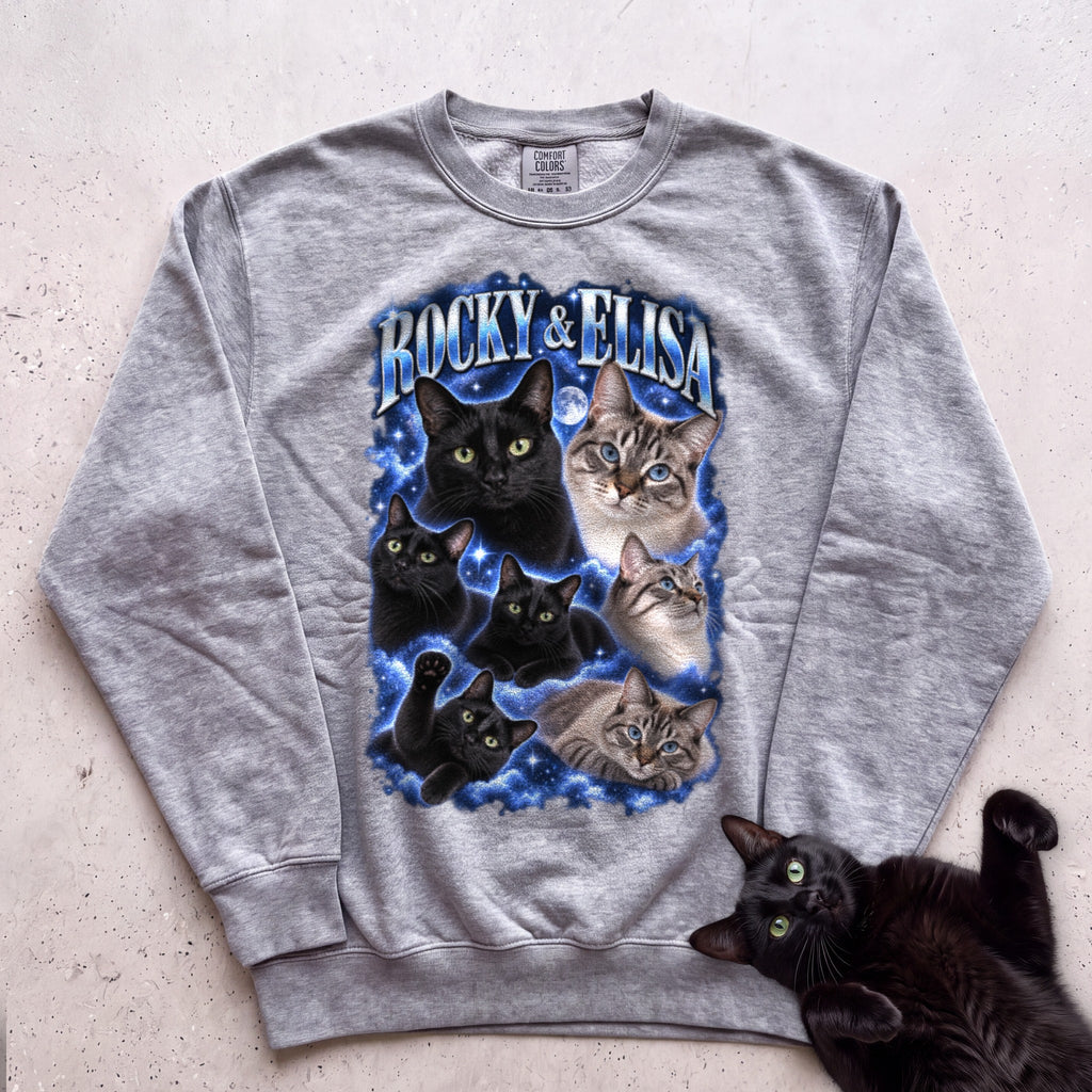 Personalized Cat Portrait Sweatshirt — Custom Pet Names Sweatshirt - Grey