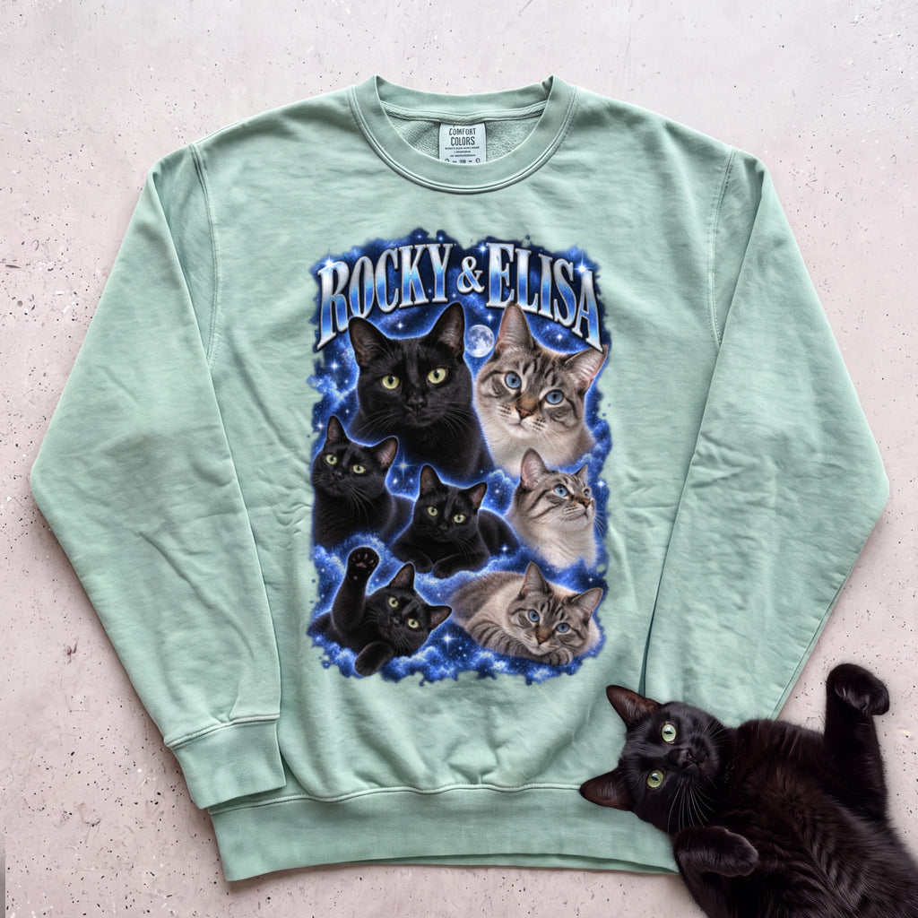 Personalized Cat Portrait Sweatshirt — Custom Pet Names Sweatshirt - Light Green