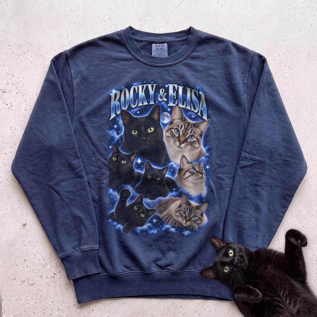Personalized Cat Portrait Sweatshirt — Custom Pet Names Sweatshirt - True Navy