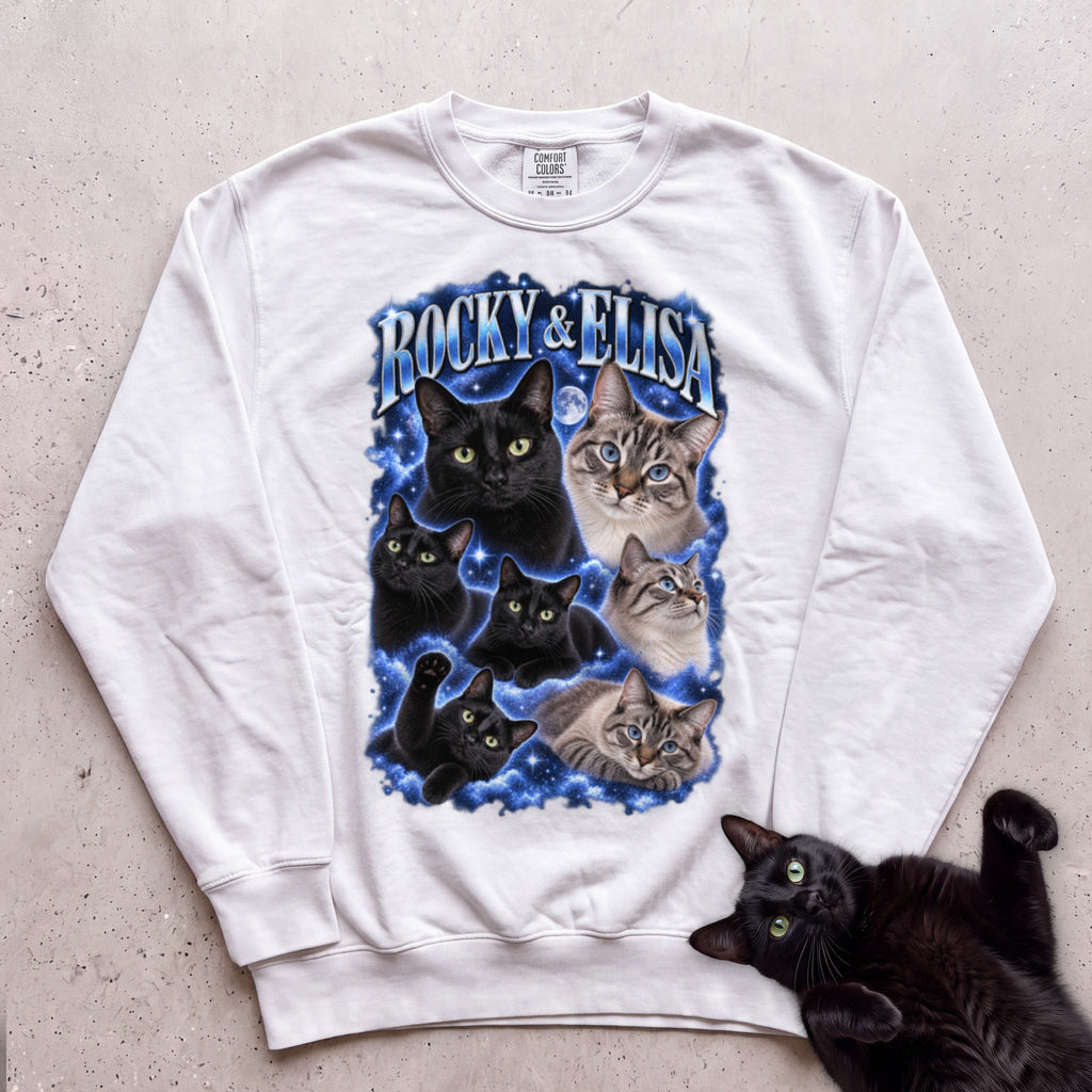 Personalized Cat Portrait Sweatshirt — Custom Pet Names Sweatshirt - White