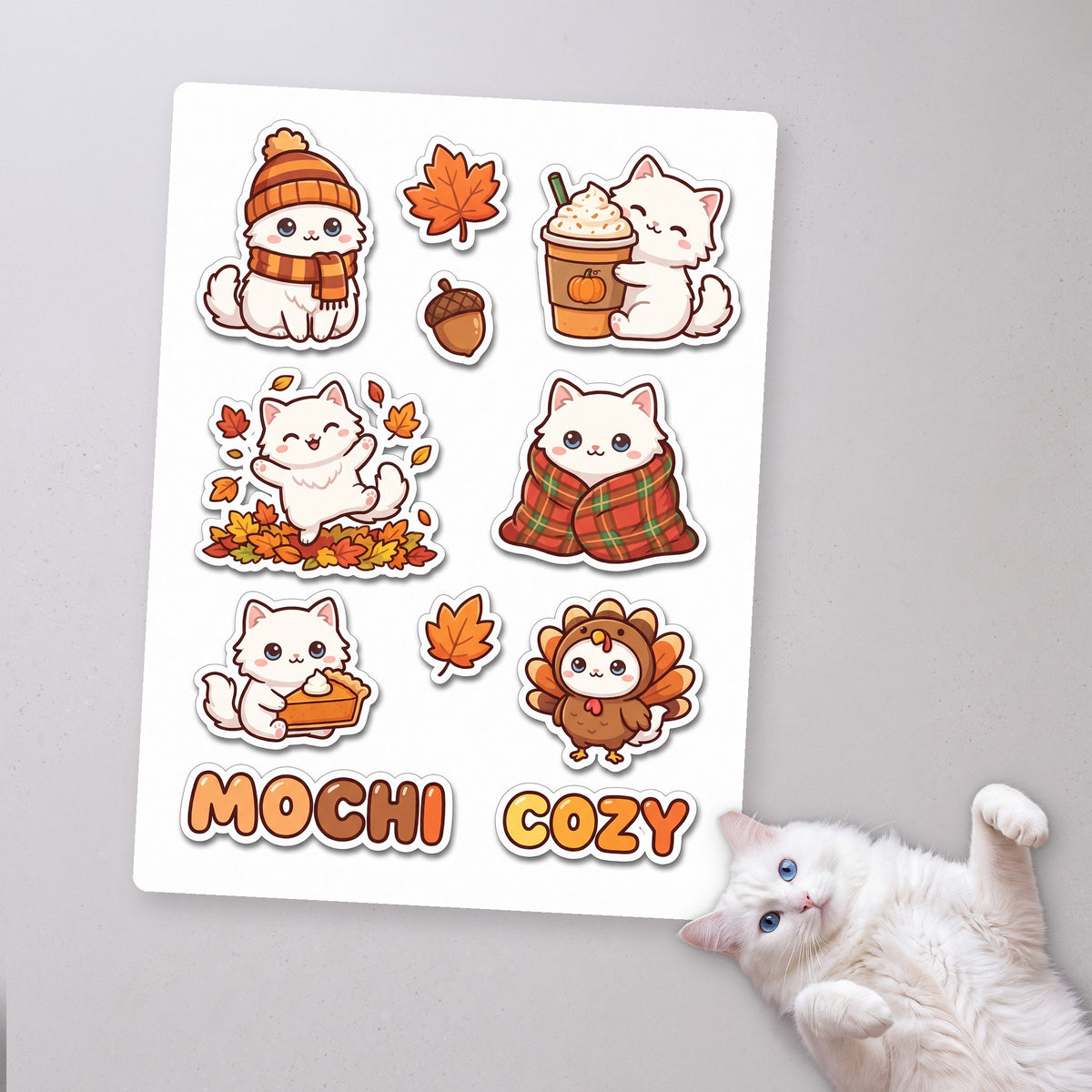 Kawaii Moods personalized cat sticker sheet, Fall edition