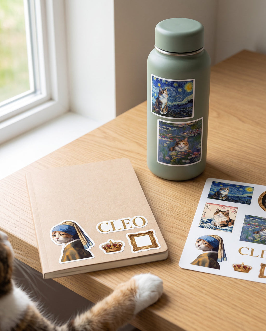 Museum Masterpieces personalized cat sticker sheet on a desk