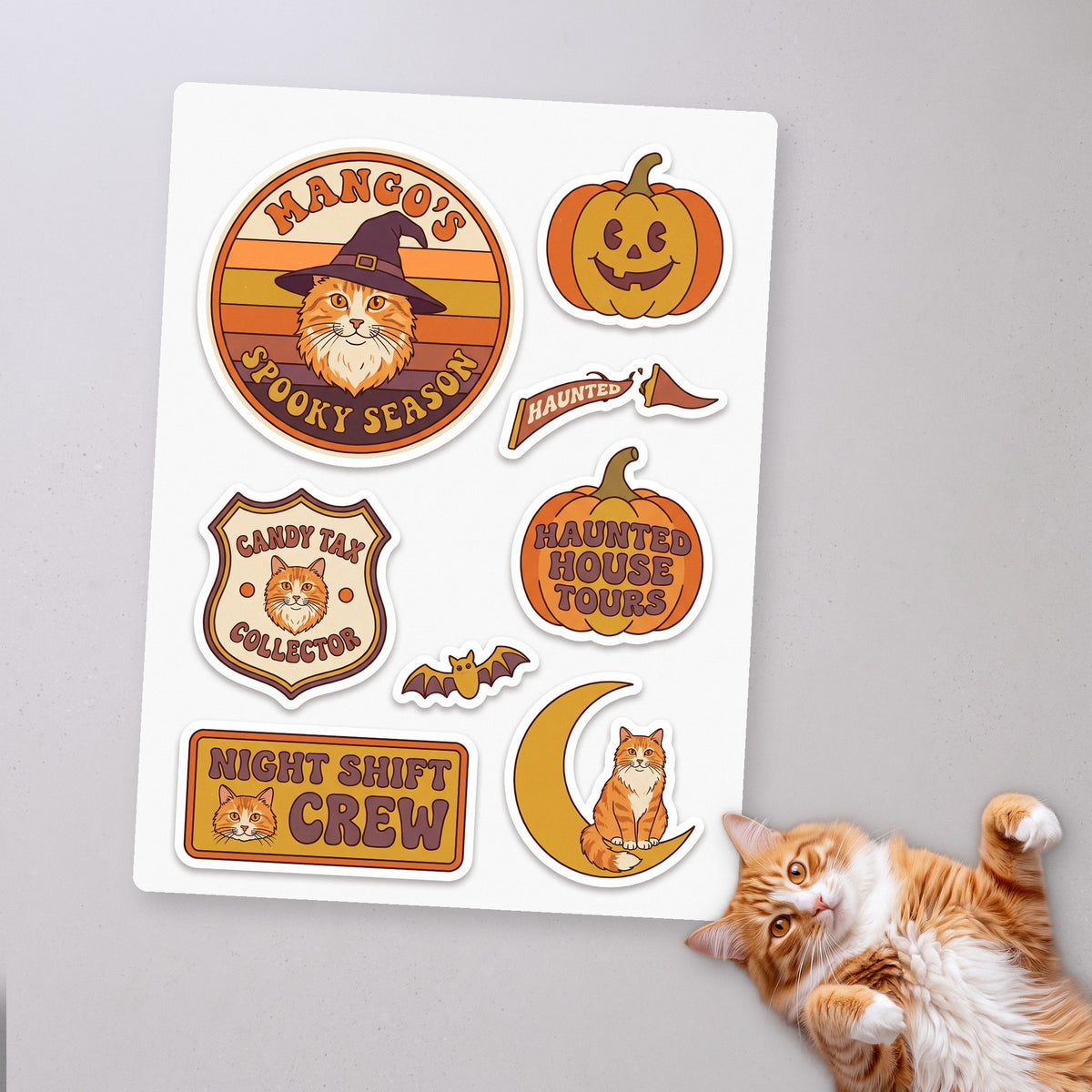 Seventies Club Badges personalized cat sticker sheet, Halloween edition