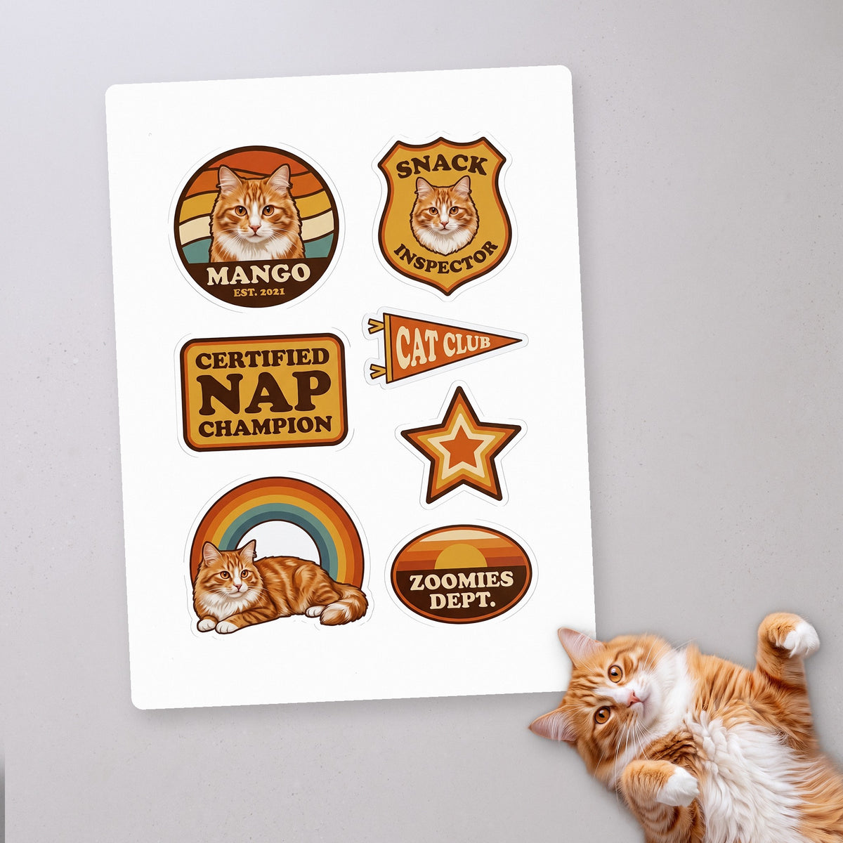 Seventies Club Badges personalized cat sticker sheet, Everyday edition