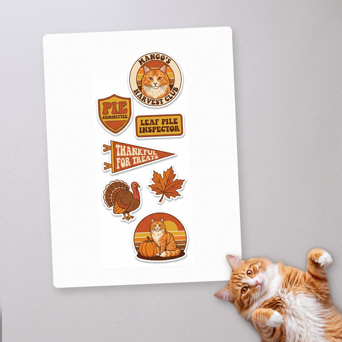 Seventies Club Badges personalized cat sticker sheet, Fall edition